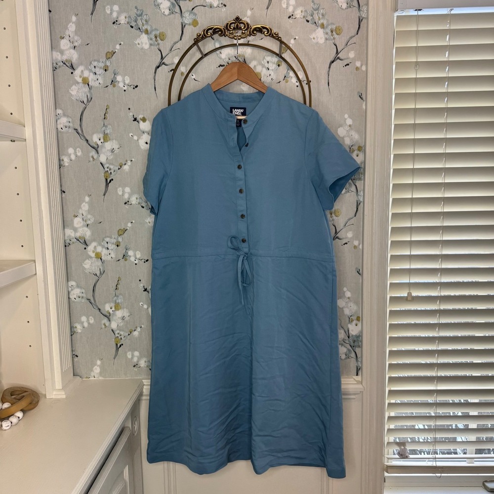 Lands End Womens Blue Rayon‎ Blend Short Sleeve Button Front Shirt Dress Medium